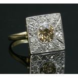 An 18ct gold, Art Deco-style, square diamond set plaque ring,an old European cut diamond, possibly