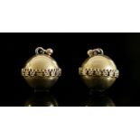 A pair of Victorian, gold, Etruscan-style globe drop earrings,with a central applied gallery to a