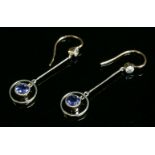 A pair of Art Deco sapphire and diamond drop earrings,with an old Swiss cut diamond, milligrain