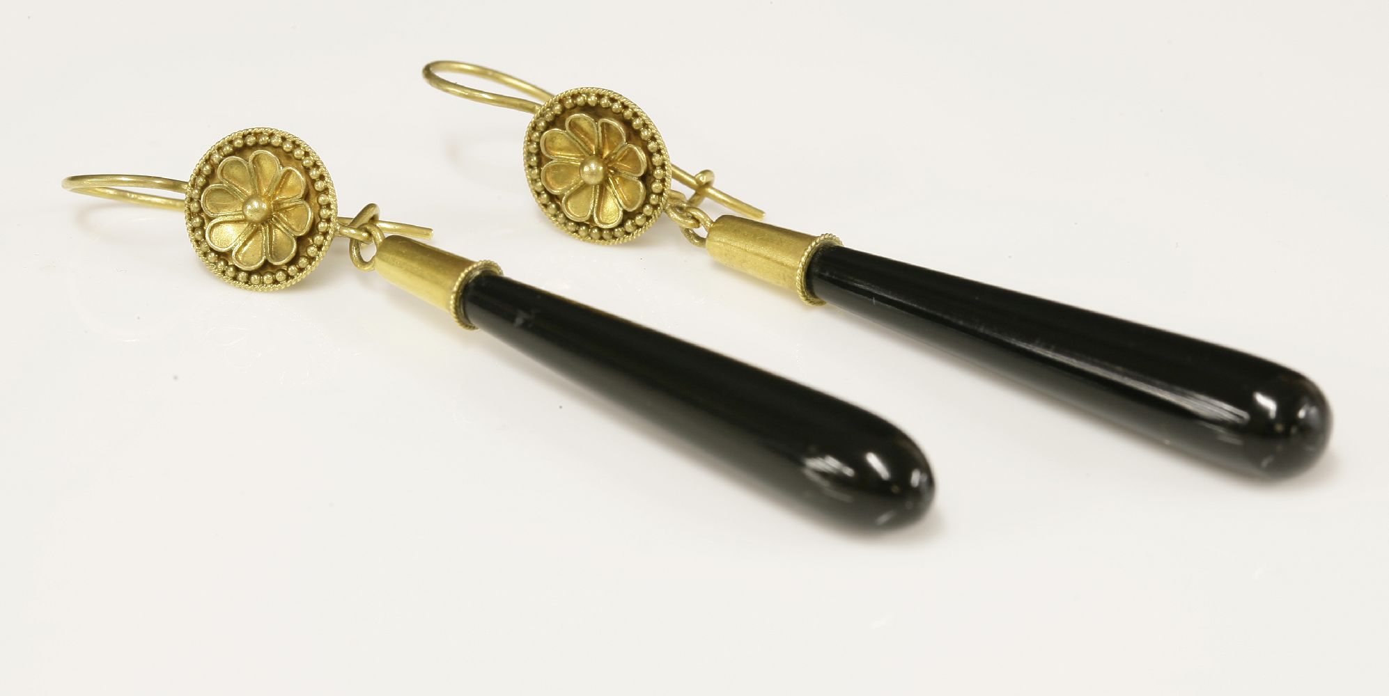 A pair of gold, Victorian, Etruscan-style, onyx drop earrings,with a wirework flower head and bead - Image 2 of 2