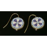 A pair of gold cloisonné enamel drop earrings,with a circular shield-style disc enamelled in sky