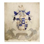 An inlaid marble coat of arms, for the Murray family with motto 'Hinc usque superna venabor', 55cm