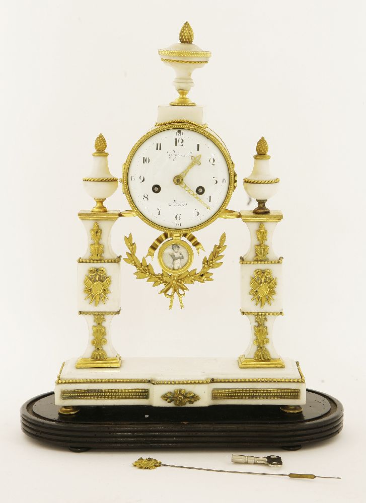 A French marble portico clock and stand, 19th century, with ormolu mounts, the convex enamel dial - Image 2 of 3