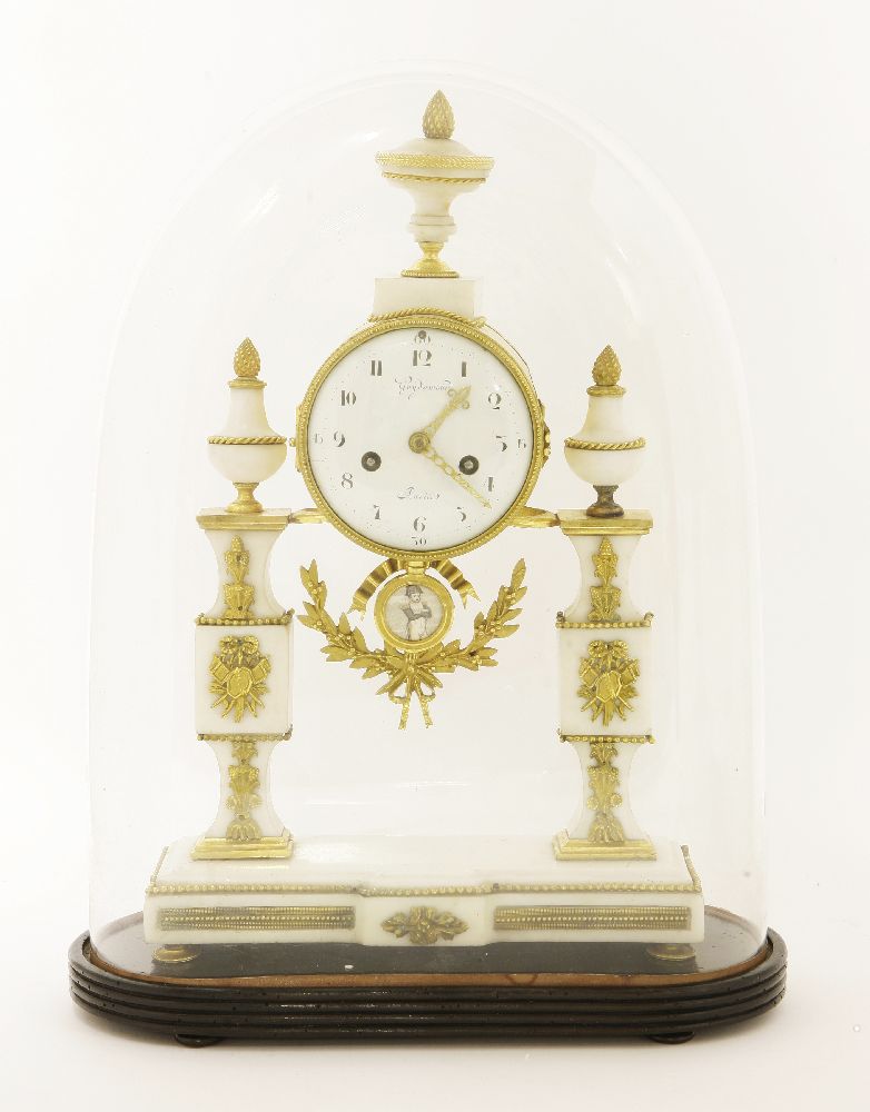 A French marble portico clock and stand, 19th century, with ormolu mounts, the convex enamel dial