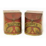 A pair of red toleware spice boxes,19th century, with sloping hinged lids, inscribed on gilt