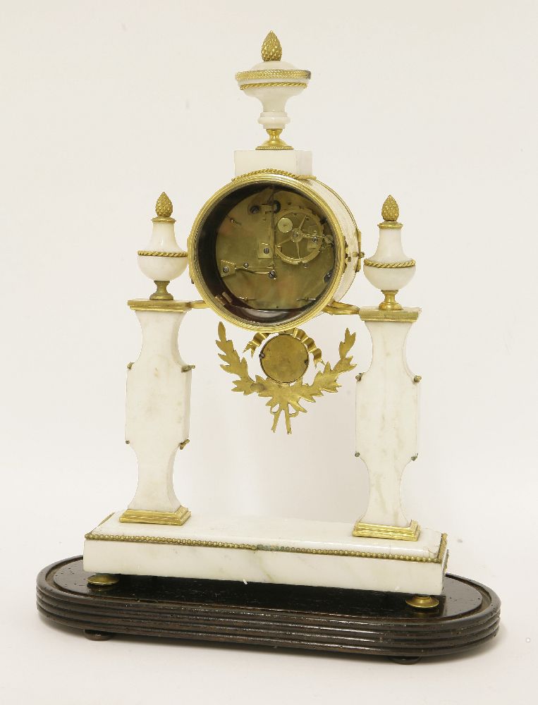 A French marble portico clock and stand, 19th century, with ormolu mounts, the convex enamel dial - Image 3 of 3