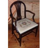 A Hepplewhite style mahogany open Armchair, pierced splat, shaped arms,