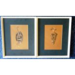 A pair of 19th century Ink and Chalk Drawings on paper depicting a still life vase with fruit and a