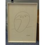 A framed and glazed Monochrome Print of a stylised owl after Picasso, 49cm x 34.