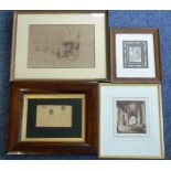 A collection of 19th century Drawings to include a Sepia interior scene with lone seated figure,