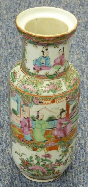ADDED LOT A late 19th Century Chinese Canton Rouleau Vase hand decorated in the Famille Rose
