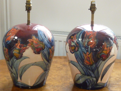 A superb pair of very large Moorcroft Table Lamps in a vibrant tulip pattern,