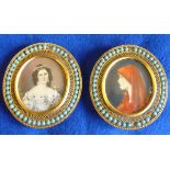 Two oval Portrait Miniatures after the original paintings by Joseph Karl Stieler and Jean- Jacques