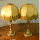 A pair of 19th century gilt metal Candlesticks as lamps with Shades,