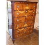 An early 19th century Dutch mahogany and marquetry Semanier, six full-width drawers,