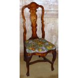 An early 19th century Dutch walnut and marquetry Side Chair, vase-shaped splat,