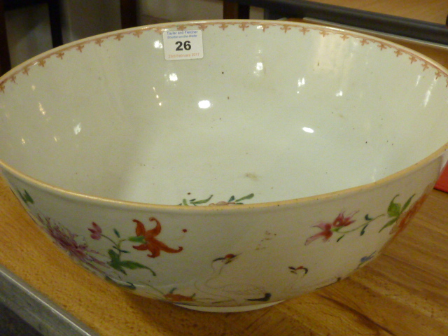 An 18th century Japanese porcelain Bowl hand decorated with cranes amongst flowers etc. - Image 2 of 5