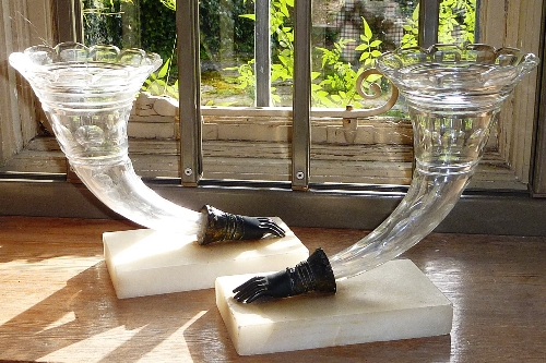 A pair of 19th century cut glass Cornucopia on marble bases CONDITION REPORT: