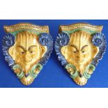 An unusual pair of 19th century Continental Faience Wall Brackets modelled as Satyr's masks,