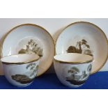 A pair of English 18th century Tea Cups and Saucers decorated en grisaille depicting rural