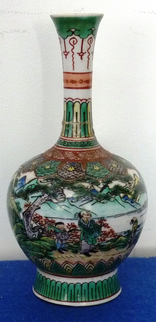 A small 19th Century Chinese porcelain bottle vase hand decorated in Famille verte enamels in the