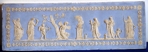 PLEASE NOTE WE THINK THE PANEL IS PLASTER A wide 19th century blue Jasperware style Panel