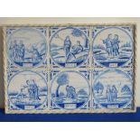 A selection of six 18th century blue-and-white Tiles detailing various Gospels,