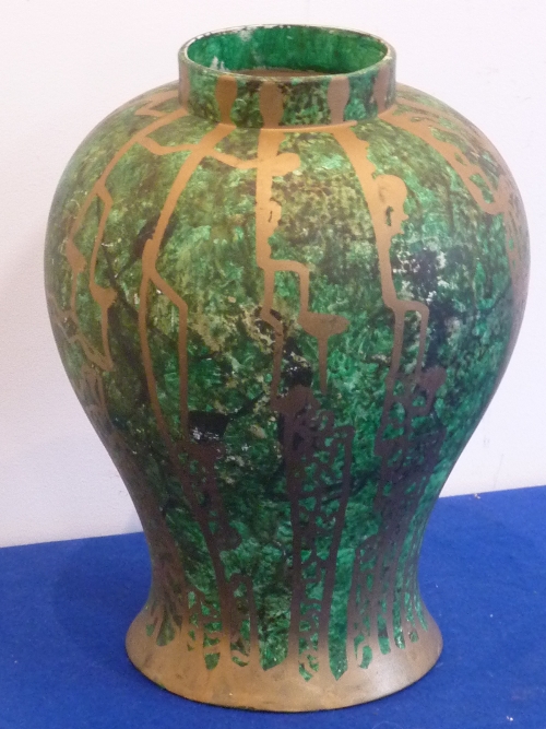 A large baluster shaped green painted and vertically gilt drizzled pottery Vase of modern