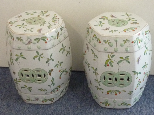 A pair of Chinese hexagonal barrel-shaped pottery Garden Seats,