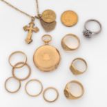 LOT D’ORcomposé de 8 bagues, 3 médailles, une croix, un bracelet et une montre de col en or jaune