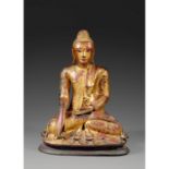 STATUE DE BOUDDHA MARAVIJAYAen bronze laqué et doré, représenté assis en vajrasana, les mains en