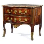 COMMODE SAUTEUSE DE FORME MOUVEMENTÉE, VERS 1720En placage d'amarante marqueté en feuille à décor de