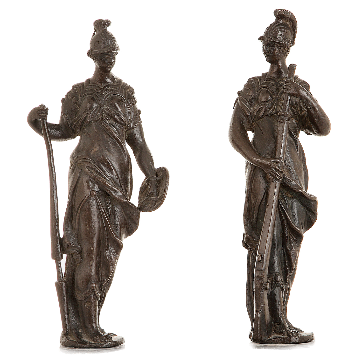 DEUX STATUETTES ALLÉGORIES GUERRIÈRES, VENISE VERS 1600, ATTRIBUÉ À L'ATELIER GIULIO DEL MORO (