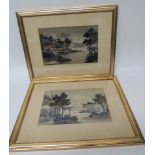 Two early 20th Century Japanese printed pictures on corded silk panels, each of landscape views