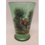 A large early 20th Century green glass vase of flared design and with painted hunting scene