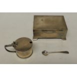 A silver cigarette box with presentation inscription together with a silver drum mustard holder (