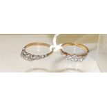 An 18ct gold and platinum mounted three stone, illusion set diamond ring, ring size H and another