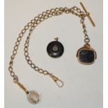 A gilt brass watch Abert chain with attached 9ct gold swivel seal, set with bloodstone and Cornelian