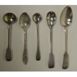 A William IV silver mustard spoon, London 1836 together with four other silver spoons, approx 2.7oz