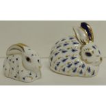 A Royal Crown Derby paperweight small rabbit with ears back, gold stopper, 4.5cms high and another