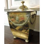 An Edwardian William Tonks & Sons brass coal bin of square section with domed lift off cover and