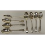 A matched set of eight silver Georgian table spoons, various dates, approx 19oz