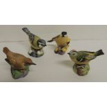 Four Royal Worcester porcelain birds, matt glaze - Blue Tit 6.5cms high; Gold Crest 5cms high;