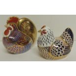 A Royal Crown Derby paperweight hen, gold stopper, 8cms high and cockerel, gold stopper, 10cms