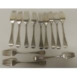 A matched set of twelve silver Georgian table forks, various dates, approx 28oz