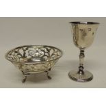 A small modern silver goblet together with a small silver bon bon dish with pierced rim total approx