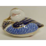 A Royal Crown Derby paperweight duck with gold stopper and no factory mark, 7.5cms high ++good