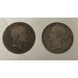 GEORGE III - Crown 1820, LX, worn and VICTORIA - Crown 1845 cinquefoil stops, worn (2)