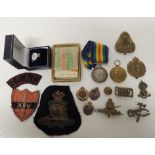 WWI pair of medals named 135485 Spr H Templeman RE together with RE badges, bullion cloth badge,