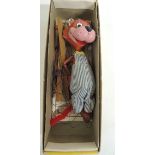 A Pelham puppet Mr Jinks wearing a striped suit and with red "pipe cleaner" tail, in box, approx